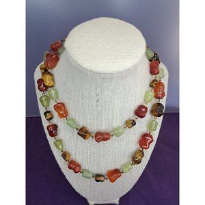 Vintage Signed LES BERNARD   Nat Stone Necklace Tigers Eye Jade Carnelian 36 in